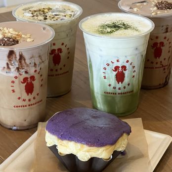 Middle Black Sheep - From left to right: Ferrero latte, pistachio latte, cloud matcha, ferrero latte   + Ube ensaymada - Coffee Roasteries Near Me - Henderson, Nevada