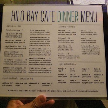 Hilo Bay Cafe - Dinner menu starters - New American Near Me - Hilo, Hawaii Hilo Bay Cafe - Dinner menu starters - New American Near Me - Hilo, Hawaii