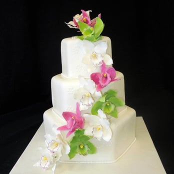 Cake Fiction - a three tiered white cake with pink and green flowers - Bakeries Near Me - Long Valley, New Jersey Cake Fiction - a three tiered white cake with pink and green flowers - Bakeries Near Me - Long Valley, New Jersey
