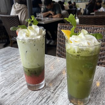 Surisan - Iced strawberry matcha latte (left) and matcha cocktail to the right - Korean Near Me - San Francisco, California Surisan - Iced strawberry matcha latte (left) and matcha cocktail to the right - Korean Near Me - San Francisco, California