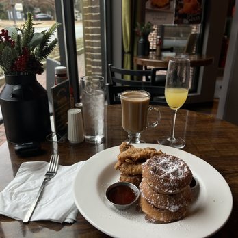 The Vick Koffee & Kocktail - Chicken & Waffles with an almond milk latte and mimosa. - Coffee & Tea Near Me - Roswell, Georgia The Vick Koffee & Kocktail - Chicken & Waffles with an almond milk latte and mimosa. - Coffee & Tea Near Me - Roswell, Georgia