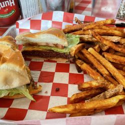 Elk burger with amazing fries made with fresh potatoes, YUM!