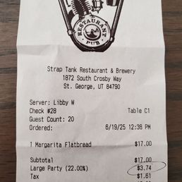 The receipt showing 22% Large Party Service Fee.