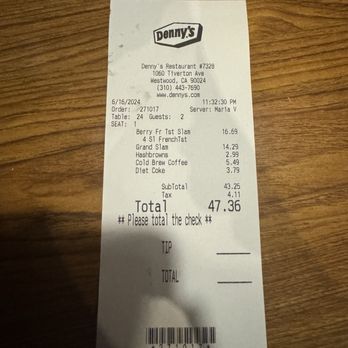 Denny's - Grand slams come with hash browns right ? Came in minutes before 10, got my check at 11:32 ... - Diners Near Me - Westwood, California