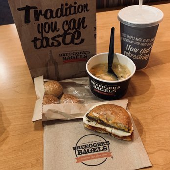 Bruegger's Bagels - Egg, Cheese, turkey sausage, sun-dried tomato spread on a toasted rosemary bagel, mini bagel bites w/ soup and chicken spaetzel  soup - Bagels Near Me - Sewickley, Pennsylvania