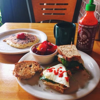 The Peach Cafe - Egg white/chicken breast/spinach sandwich on whole wheat & a granola pancake with chocolate chips. - New American Near Me - Monrovia, California The Peach Cafe - Egg white/chicken breast/spinach sandwich on whole wheat & a granola pancake with chocolate chips. - New American Near Me - Monrovia, California