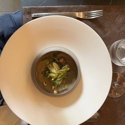 Les Inséparables - Mushroom soup with asparagus and hazelnuts.