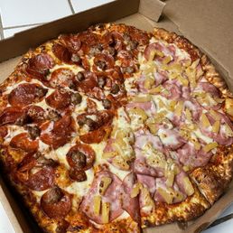 Extra Large 2 Topping Pizza Half Pepperoni & Sausage / Half Pineapple & Canadian Bacon Extra Large 2 Topping Pizza Half Pepperoni & Sausage / Half Pineapple & Canadian Bacon