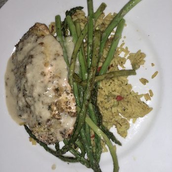 The Edison - Salmon Cortez 6 oz. Pecan Encrusted, Baked with White Wine Lemon Butter Sauce, Served with Cuban Rice Pilaf & Roasted Asparagus - Steakhouses Near Me - Tallahassee, Florida