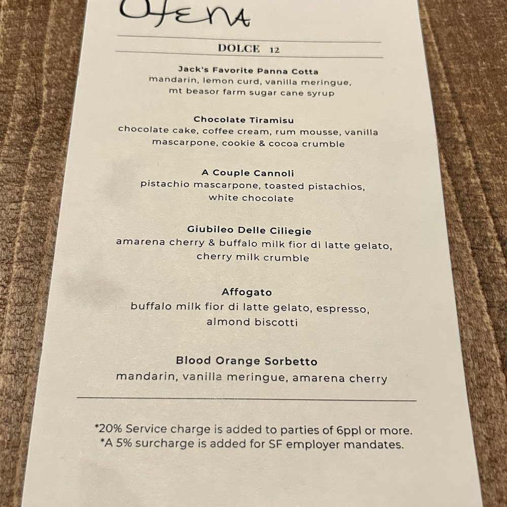 Ofena - Dessert menu - Italian Near Me - San Francisco, California