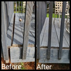 Renoscapes - Front rim joist bowed pulling away from joists & support post causing deck to sag in middle. Replace front rim joist, reattached joists.