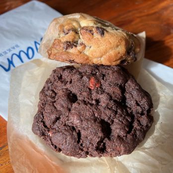 Levain Bakery - NoHo, NYC - Two chip chocolate chip ($5.25) and Dark chocolate peppermint ($5.75) - Bakeries Near Me - New York, New York