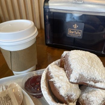 Ben’YaYs - Beignets with strawberry sauce & cafe au lait - Desserts Near Me - Alexandria, Virginia Ben’YaYs - Beignets with strawberry sauce & cafe au lait - Desserts Near Me - Alexandria, Virginia