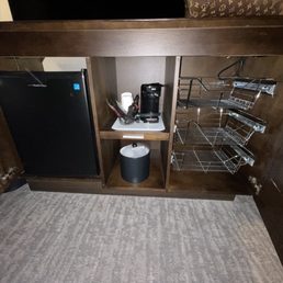 Fridge, storage, coffee maker, ice bucket Fridge, storage, coffee maker, ice bucket