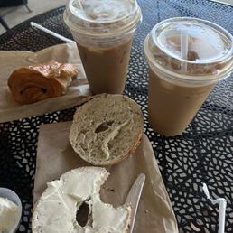 Iced lattes, bagel, croissant