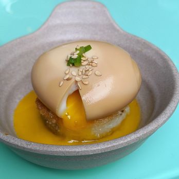 Ruby Chow's - Shoyu Tomago [sic]. Soft-boiled soy sauce egg, crispy rice cake, sweet soy vinaigrette. $4. - Asian Fusion Near Me - Atlanta, Georgia