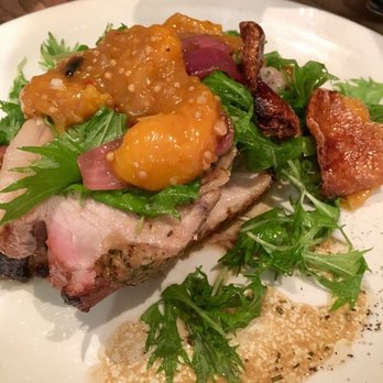 Nopa - Porchetta, Apricot Chutney, Mustard Greens, Sherry Onions, Cracklings - New American Near Me - San Francisco, California Nopa - Porchetta, Apricot Chutney, Mustard Greens, Sherry Onions, Cracklings - New American Near Me - San Francisco, California