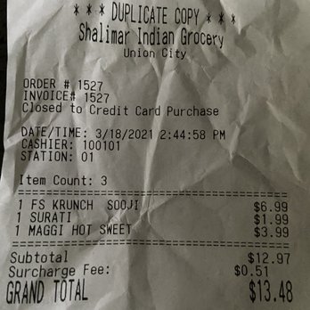 Shalimar - Receipt. - Grocery Near Me - Union City, California