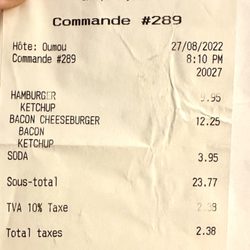 Five Guys - We ordered a Burger (€9.95) and a Bacon Burger (€12.95) both with cheese. Our Tab came to €23.77 plus 10% VAT or €26.15.
