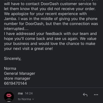Jamba - The manager not caring about my service - Juice Bars & Smoothies Near Me - Palmdale, California