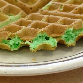 Pho Nguyen - Pandan waffle - cross section. It also has coconut milk, and it's chewy. Interesting, and worth trying once. - Vietnamese Near Me - Milpitas, California Pho Nguyen - Pandan waffle - cross section. It also has coconut milk, and it's chewy. Interesting, and worth trying once. - Vietnamese Near Me - Milpitas, California
