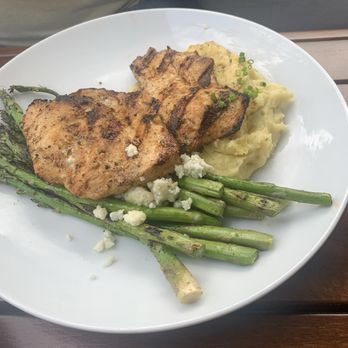 Blue Collar - Grilled B/S Chicken Breast, Grilled Asparaguswell seasoned arrived hot to table, on a bed of mash - Comfort Food Near Me - Miami, Florida