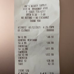 Joe's Beauty Supply - Final receipt (I paid with a credit card, not cash)