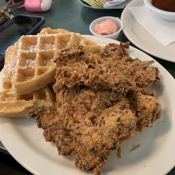 Metro Diner - Chicken & waffles, strawberry butter with the sweet & hot sauce on the side - American Near Me - Tampa, Florida Metro Diner - Chicken & waffles, strawberry butter with the sweet & hot sauce on the side - American Near Me - Tampa, Florida