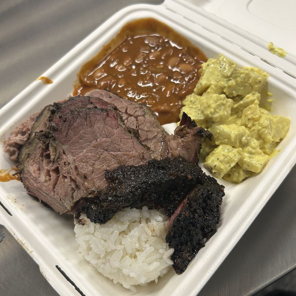 Sunset Texas Barbecue - Brisket plate with beans and potato salad 4.5/5 - Barbeque Near Me - Honolulu, Hawaii Sunset Texas Barbecue - Brisket plate with beans and potato salad 4.5/5 - Barbeque Near Me - Honolulu, Hawaii