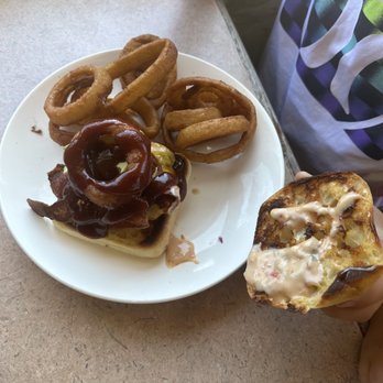 Riffle Cafe - Paniolo burger. Bbq sauce onion ring deliciousness - American Near Me - Merlin, Oregon
