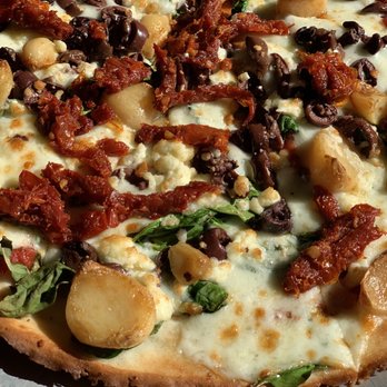 Blue Line Pizza - Gluten free Greek pizza with feta cheese, garlic, spinach and sun dried tomatoes - Pizza Near Me - Danville, California Blue Line Pizza - Gluten free Greek pizza with feta cheese, garlic, spinach and sun dried tomatoes - Pizza Near Me - Danville, California