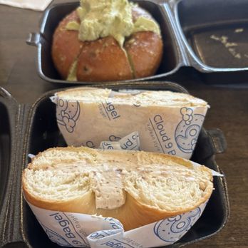 Cloud 9 Bagel - Garlic bread and salted bagel with fig cream cheese - Bagels Near Me - Carrollton, Texas