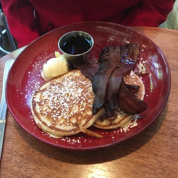 Marigold Kitchen - Short stack of pancakes (very sweet!!!) and side of bacon - Breakfast & Brunch Near Me - Madison, Wisconsin