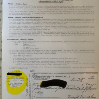 Superior Construction and Remodeling - signed contract proposal and NSF copy of check that Superior wrote to homeowner. - General Contractors Near Me - Concord, North Carolina Superior Construction and Remodeling - signed contract proposal and NSF copy of check that Superior wrote to homeowner. - General Contractors Near Me - Concord, North Carolina