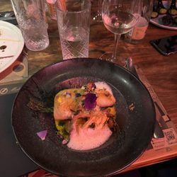 Oporto - Overcooked fish with bacon wrapped asparagus.