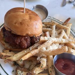 Hot honey chicken sandwich with truffle fries Hot honey chicken sandwich with truffle fries