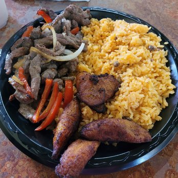 Pan De Vida Cafe - Sautéed Steak with Yellow Rice, and a small order of the Sweet Plantains. - Puerto Rican Near Me - Evans Mills, New York
