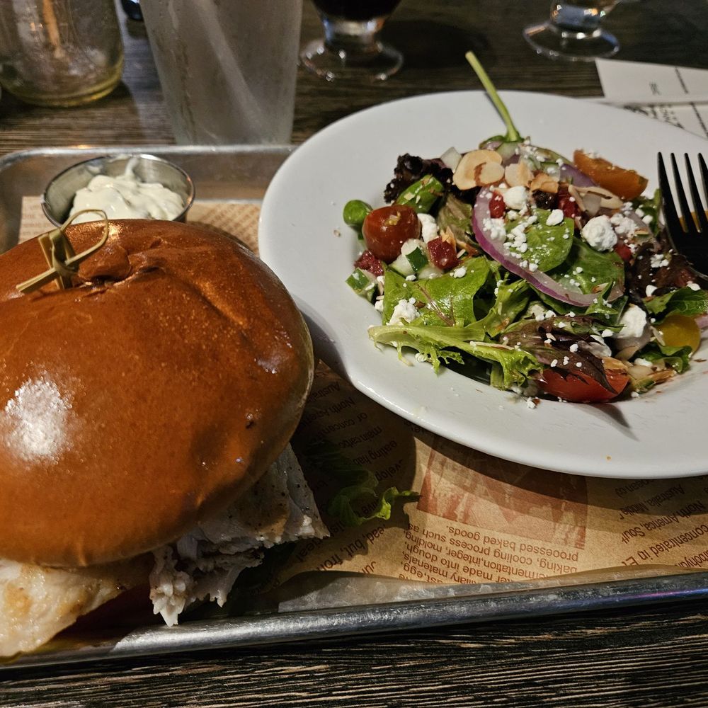 Fork and Barrel - Redfish sandwich with harvest salad be aware of the $4 upcharge for swapping fries for salad! - Desserts Near Me - Winter Springs, Florida Fork and Barrel - Redfish sandwich with harvest salad be aware of the $4 upcharge for swapping fries for salad! - Desserts Near Me - Winter Springs, Florida