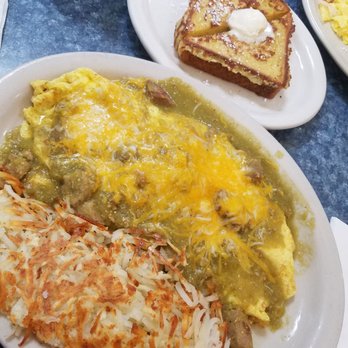 Brandon's Diner - Chile Verde Omelette with hash browns and french toast - Diners Near Me - Moreno Valley, California
