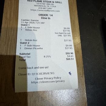 Red Flame Steak & Grill - The bill at the end - Steakhouses Near Me - Magnolia, Texas