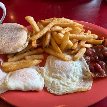 Lake Wally Cafe - Eggs over easy, french fries and bacon with a well done English muffin - Burgers Near Me - Hawley, Pennsylvania Lake Wally Cafe - Eggs over easy, french fries and bacon with a well done English muffin - Burgers Near Me - Hawley, Pennsylvania