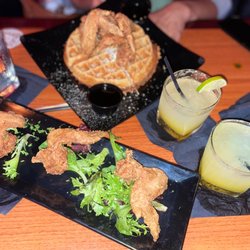 Fin & Feathers - Wing appetizer...Chicken & Waffle...peach-mango margaritas...very tasty!