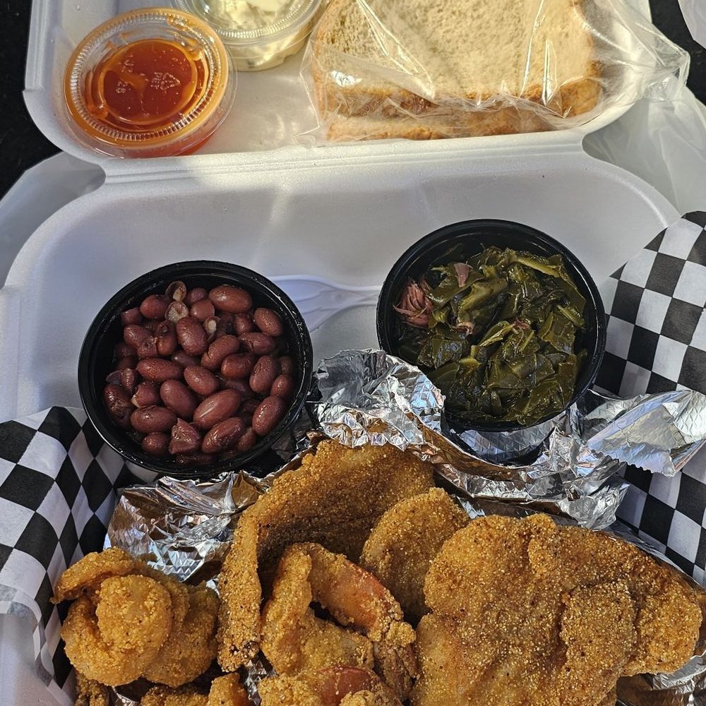 Compton’s Original Seafood and Chicken - Catfish and Shrimp with red beans and rice and collard greens. - Fish & Chips Near Me - Compton, California Compton’s Original Seafood and Chicken - Catfish and Shrimp with red beans and rice and collard greens. - Fish & Chips Near Me - Compton, California