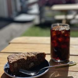 cafe liv - Apple streusel cake and cold brew on the patio