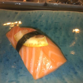 Sharaku - Salmon, avocado (underneath) and lemon sushi - Sushi Bars Near Me - West Bloomfield, Michigan Sharaku - Salmon, avocado (underneath) and lemon sushi - Sushi Bars Near Me - West Bloomfield, Michigan