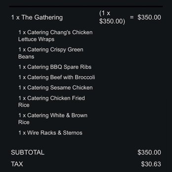 P.F. Chang's - Gave them 6 days lead time and they didn't provide the wire racks and sterno. Unreal. - Chinese Near Me - Buffalo, New York P.F. Chang's - Gave them 6 days lead time and they didn't provide the wire racks and sterno. Unreal. - Chinese Near Me - Buffalo, New York