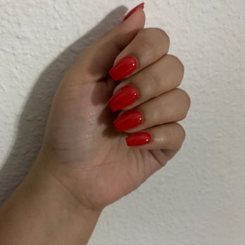 Noire Nail Bar - asked for a coffin-shaped, orangey red, dip powder mani. - Nail Salons Near Me - Lutz, Florida Noire Nail Bar - asked for a coffin-shaped, orangey red, dip powder mani. - Nail Salons Near Me - Lutz, Florida