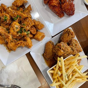Swan's Korean Fried Chicken - Boneless galbi wings(left) . Fries YUM and soy garlic wings(bottom right) . Sweet and spicy wings (top right) - Chicken Wings Near Me - Burlington, Washington Swan's Korean Fried Chicken - Boneless galbi wings(left) . Fries YUM and soy garlic wings(bottom right) . Sweet and spicy wings (top right) - Chicken Wings Near Me - Burlington, Washington