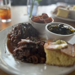 Po' Shines Cafe De La Soul - Brisket Basket with 2 sides. Greens and Sweet Potatoes.