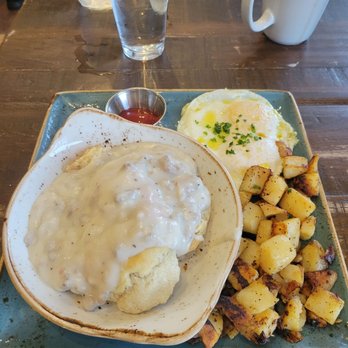 First Watch - Biscuits and gravy with hash browns and eggs over easy (4/5). - Breakfast & Brunch Near Me - San Antonio, Texas First Watch - Biscuits and gravy with hash browns and eggs over easy (4/5). - Breakfast & Brunch Near Me - San Antonio, Texas